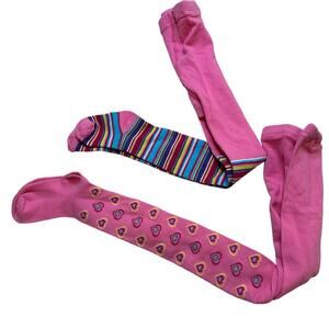 Bundle of Pink Knit Tights sz 4-6 Pink Stripes Pink Hearts Tights